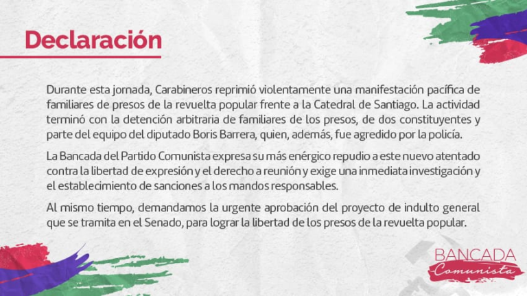 Bancada PC exige investigación por represión en manifestación pacífica por presos de la revuelta