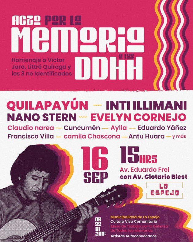 Este 16 de septiembre se realizará el Acto por la Memoria y los Derechos Humanos: Homenaje a Víctor Jara, Littré Quiroga y los 3 no identificados