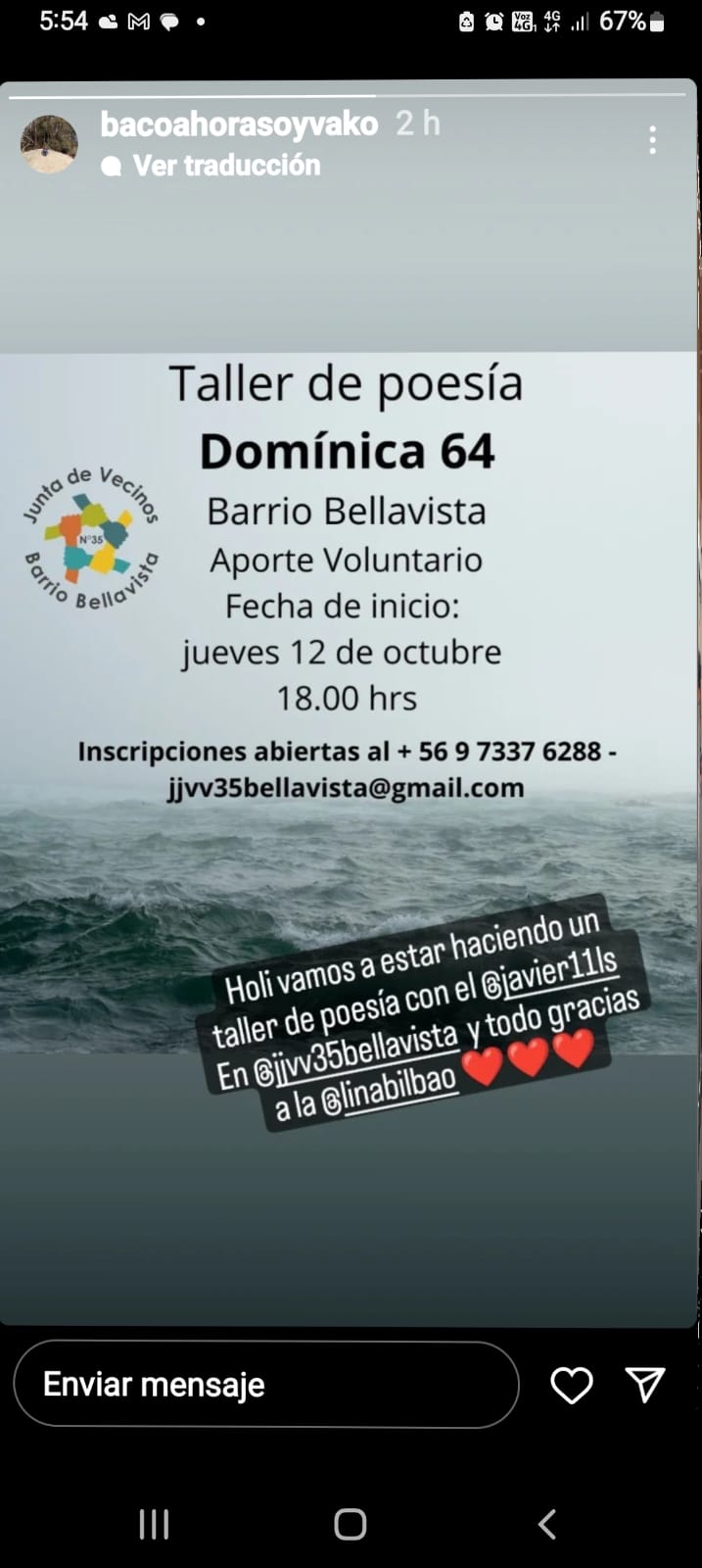 Vecinos de barrio Bellavista invitan a su Taller de Poesía en Domínica 64